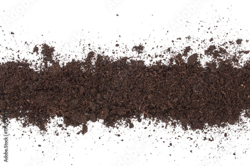 Pile heap of soil isolated on white background with copy space for your text. Top view