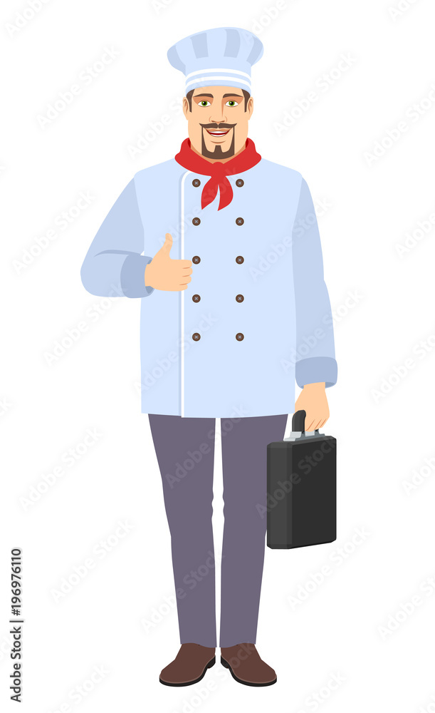 Chef showing thumb up and holding briefcase Chef showing thumb up and holding briefcase