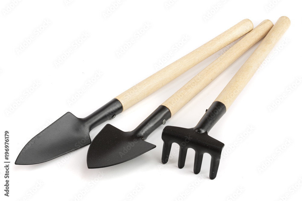 garden tools isolated on white background closeup
