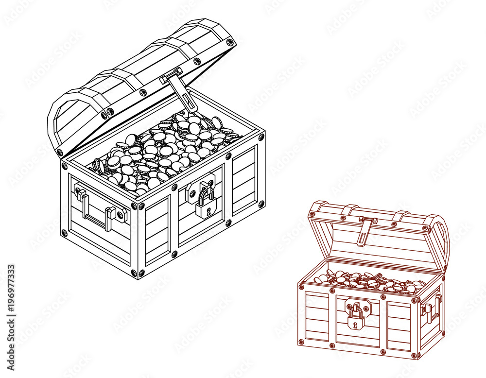 Wooden chest with coins. Vector outline illustration. Wooden chest with coins. Vector outline illustration.