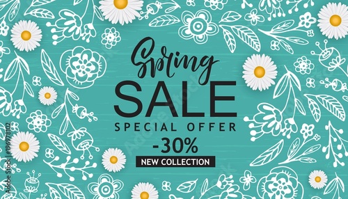 Spring Sale Vector Illustration. Seasonal Banner With Hand Drawn Flowers, Leaves.