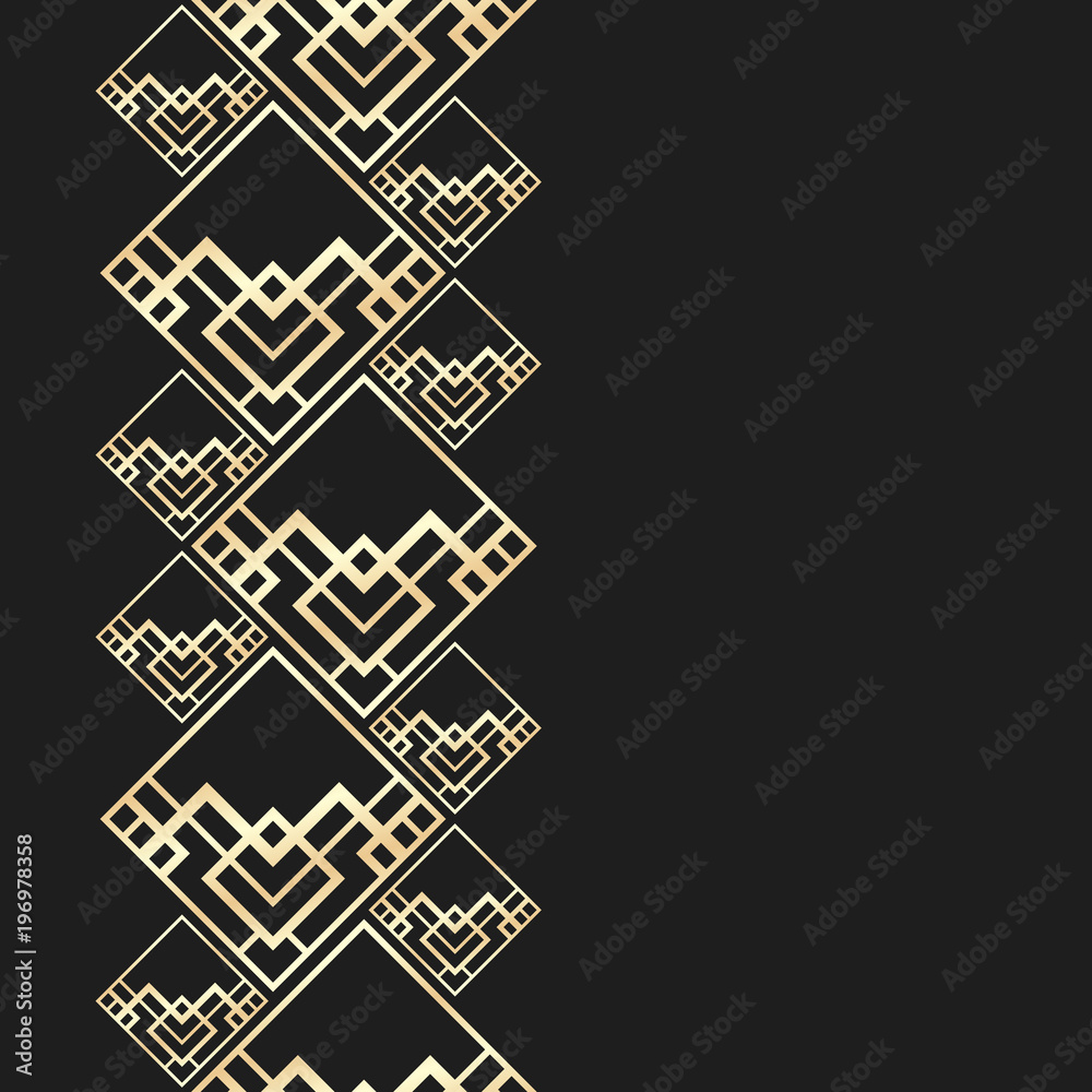 Golden frame in luxury style. Seamless border for design. Black and gold background. Noble card with place for text. Art Deco ornament.