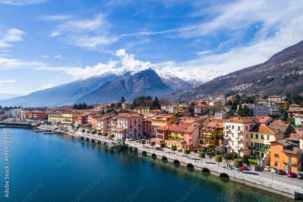 Village of Gravedona, Como lake in Italy. Panoramic view from a drone