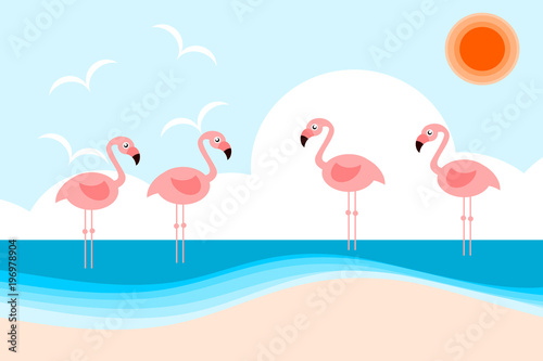 Illustration vector of cute flamingos on the beach. Hello sea and summer season concept.