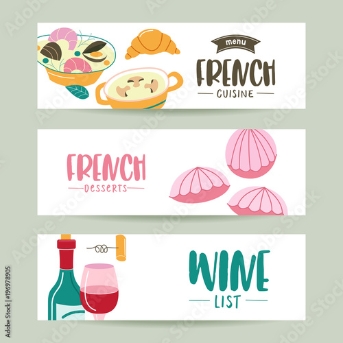 French cuisine. A set of French dishes. Banner templates, icons.