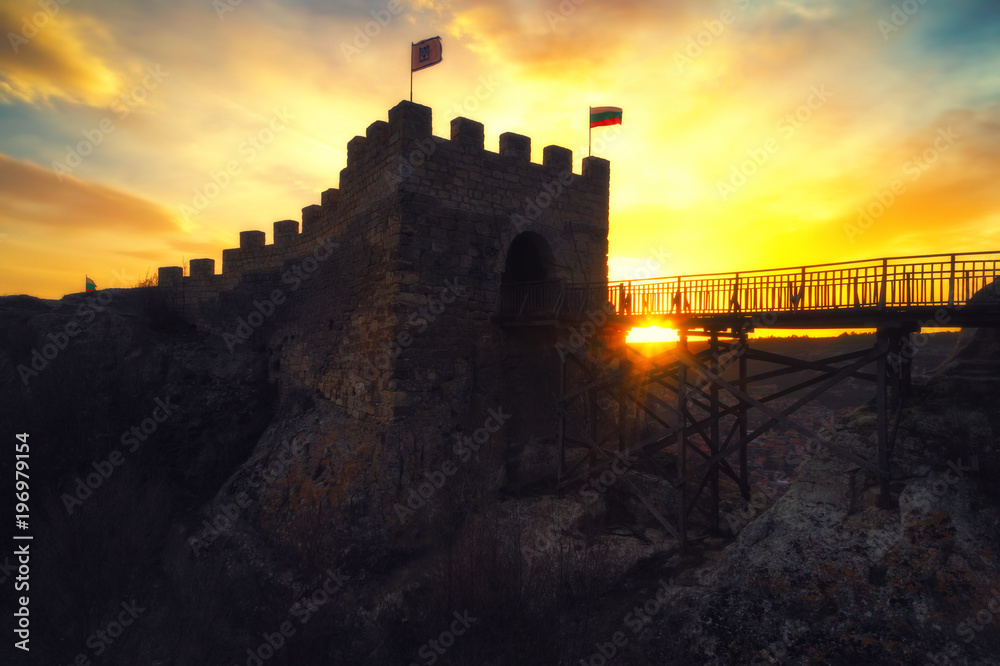 Epic sunset over medieval fortress Ovech near Provadia, Bulgaria.