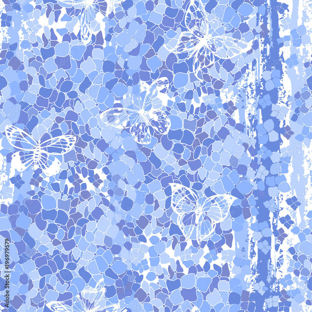 Abstract floral seamless pattern with hydrangeas and butterflies. Vector illustration.