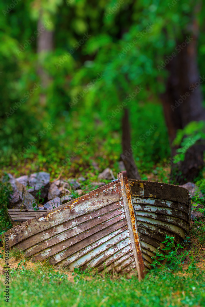 Photo of old rusty boat in the forest near the river Photo of old rusty boat in the forest near the river