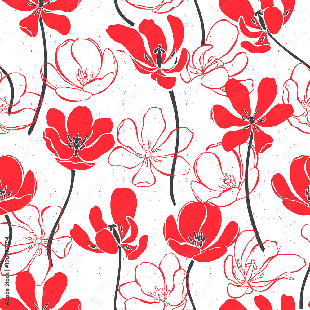 Floral seamless pattern with  red tulips. Vector illustration. Abstract nature background.