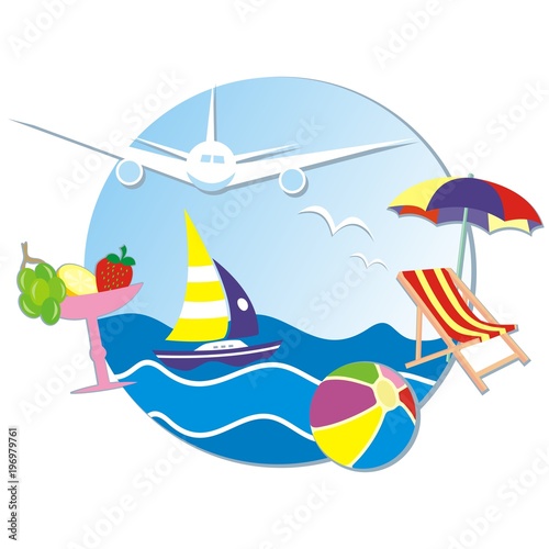 Summer vacation, banner, sea, sailboat, airplane, sunbed and parasol, cocktail.
Vector colored icon. Circle frame.