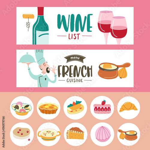 French cuisine. A set of French dishes. Banner templates, icons.