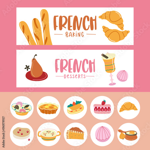 French cuisine. A set of French dishes. Banner templates, icons.
