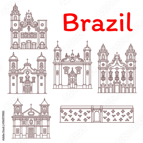 Brazil landmarks vector architecture line icons