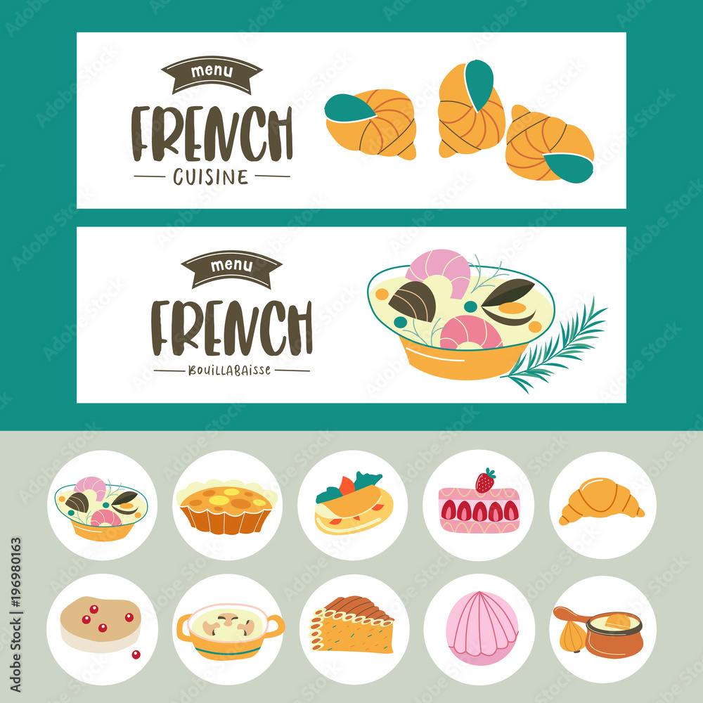Plakat French cuisine. A set of French dishes. Banner templates, icons.