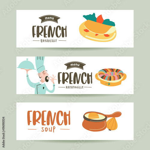French cuisine. A set of French dishes. Banner templates, icons.