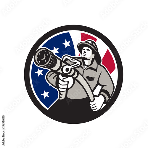 Icon retro style illustration of an American firefighter or fireman holding a fire hose front view with United States of America USA star spangled banner or stars and stripes flag inside circle isolat
