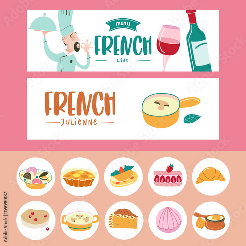 French cuisine. A set of French dishes. Banner templates, icons.