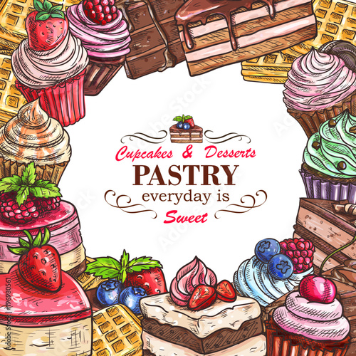 Vector desserts pastry shop sketch poster