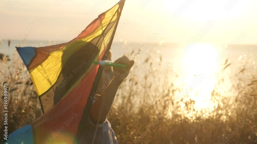 little boy holds a toy kite over his head and catches the wind at sunset