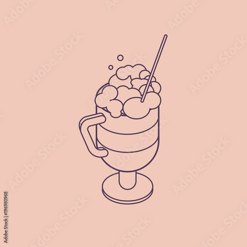 Vector illustration thin line sketch with 3D coffee cup with cappuccino and tubule. Coffee container in isometric flat style