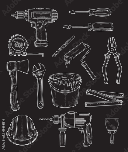 Vector work tools home repair chalk sketch icons