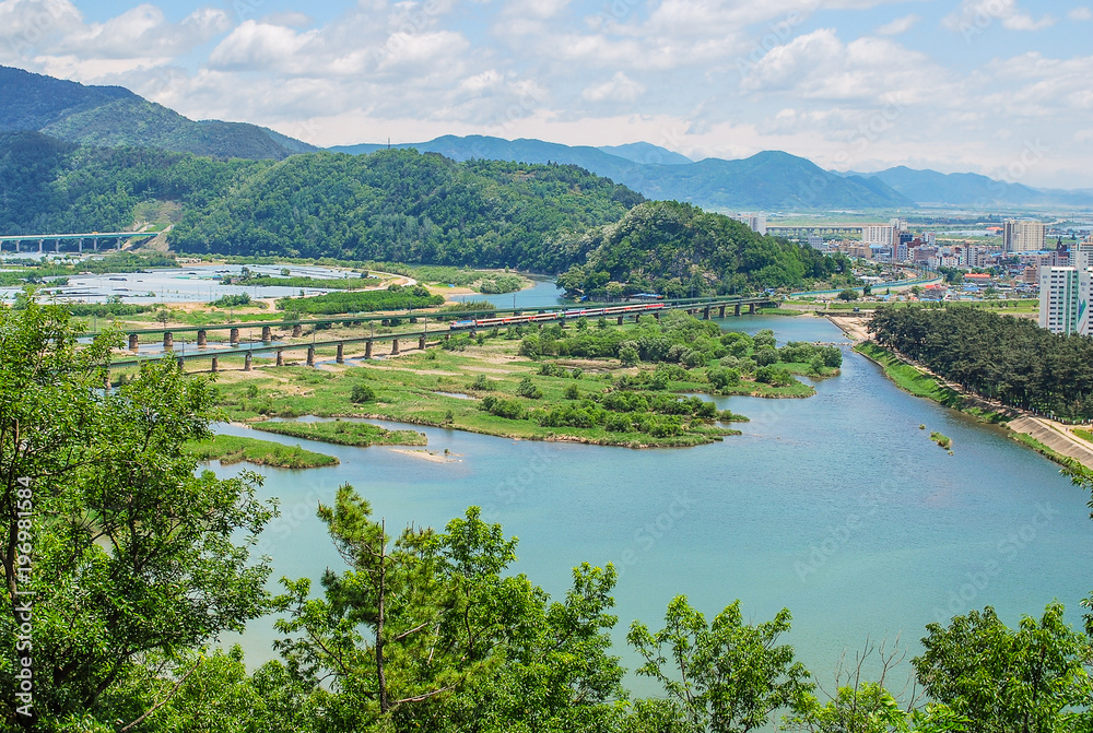 Fototapeta premium LandScape With Railway,Green Mountains And River.