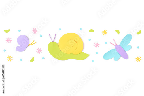 Butterfly , dragonfly and snail paper cut on white background - isolated