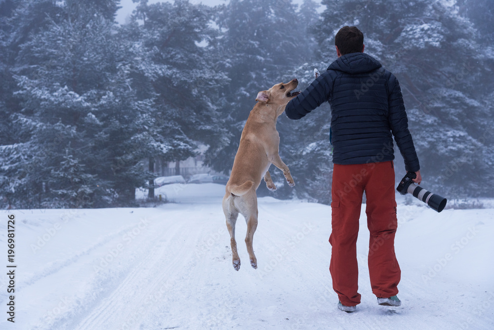 young man training his dog golden retriever.