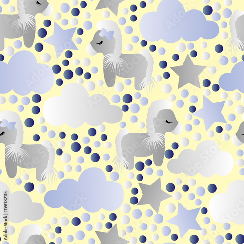 pattern with cartoon pony, clouds and stars