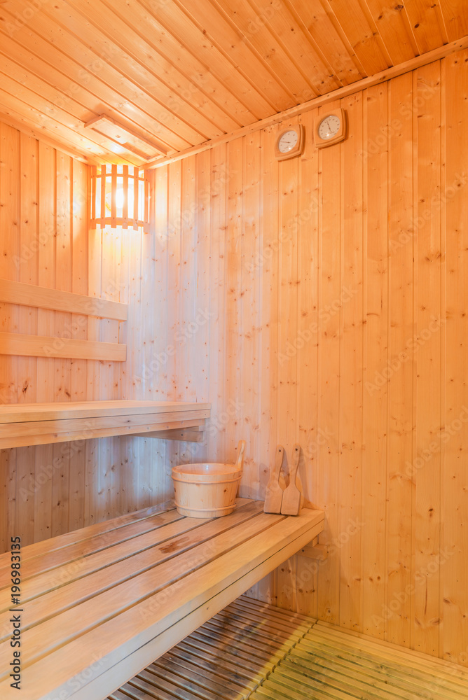 Spa or wooden Sauna steam room interior for healthy and relaxation