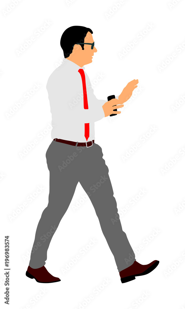 Confident leader walking. Businessman on work vector illustration. Handsome  man with mobile phone in hands in office. Manager explains the work process  for employees at the seminar. Stock Vector | Adobe Stock