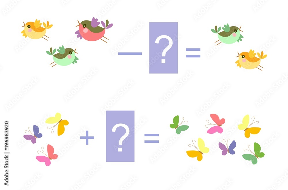 Educational game for children. Cute illustration of mathematical addition and subtraction. Vector image. Examples with colorful birds and butterflies.