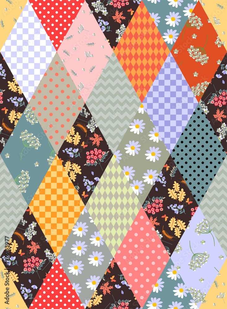 Obraz premium Colorful seamless patchwork pattern of rhombus patches with geometric and floral ornament. Beautiful vector illustration of quilt.