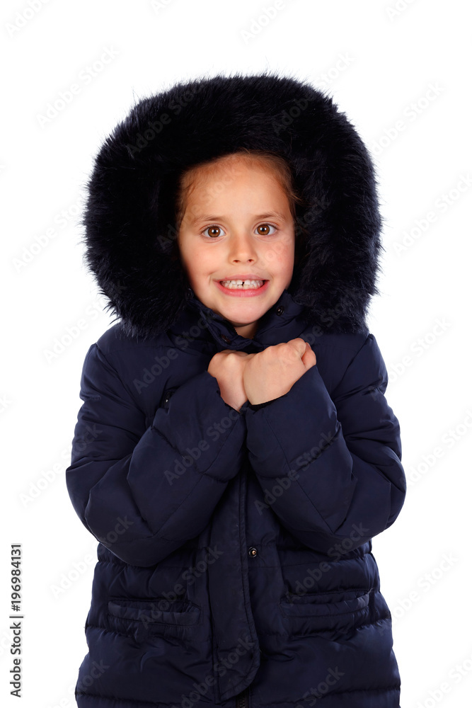 Sheltered girl with black coat and hood Sheltered girl with black coat and hood