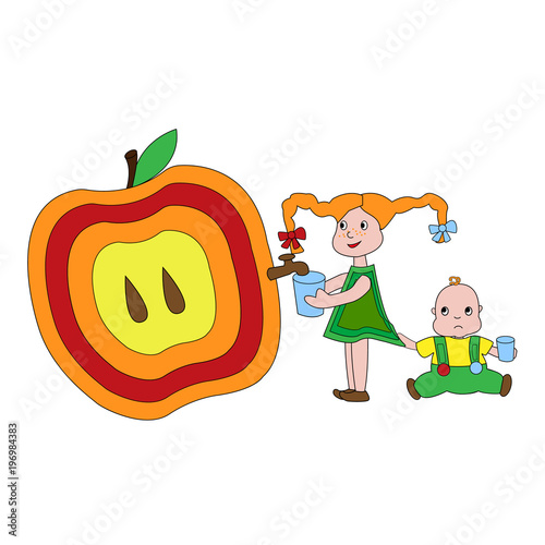 Little girl obtaining juice from a big apple for her little brother. Apple with a tap. 