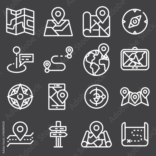 Map icons on gray background. GPS and Navigation.