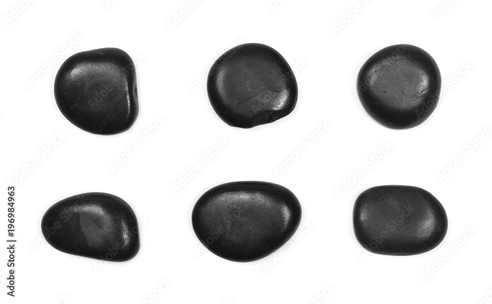 Pile black rocks isolated on white background, top view