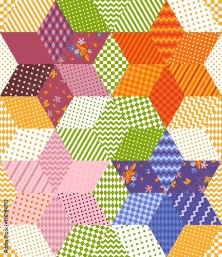 Bright colorful patchwork pattern with stars from rhombuses patches. Seamless vector illustration of quilt. Print for fabric, textile, rug.