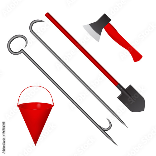 Set of fire tools red. Vector illustration. Bucket, shovel, axe and scrap