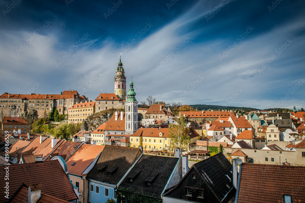 Czech krumlov. Traveling through Europe. The city in Czech Republic, sights. What to see in the Czech. Old fortress, view of the old part of the city in the Czech Krumlov
