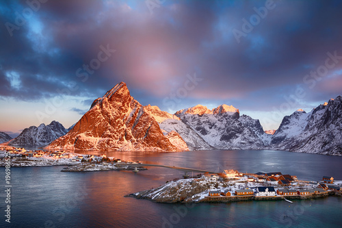 Beautiful sunrise landscape of picturesque fishing village in Lofoten islands, Norway