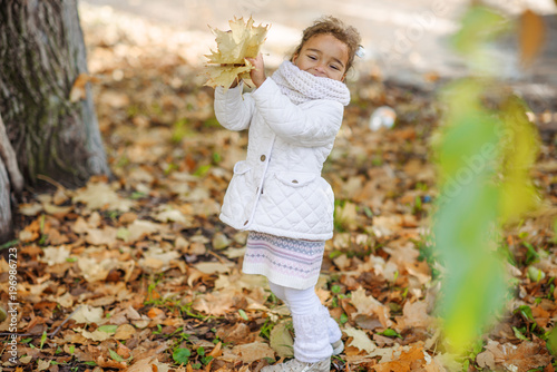 Child in autumn orange leaves. photo