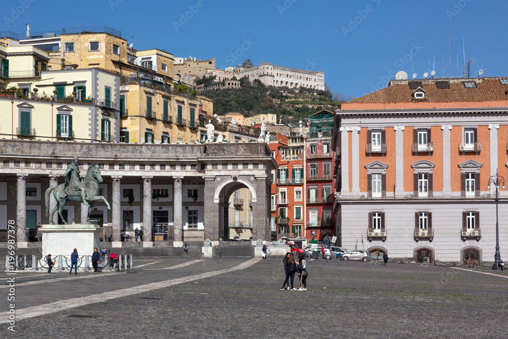 Naples (Italy) - Piazza Plebiscito, the main square in the historic centre of Naples. Prefecture Palace and the colonnade of the church of San Francesco di Paola