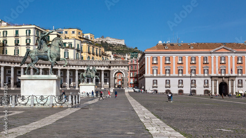 Naples (Italy) - Piazza Plebiscito, the main square in the historic centre of Naples. Two equestrian statues 
