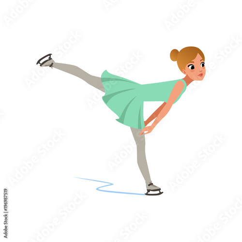 Figure skater girl in short dress skating, female athlete practicing at indoor skating rink vector Illustration on a white background
