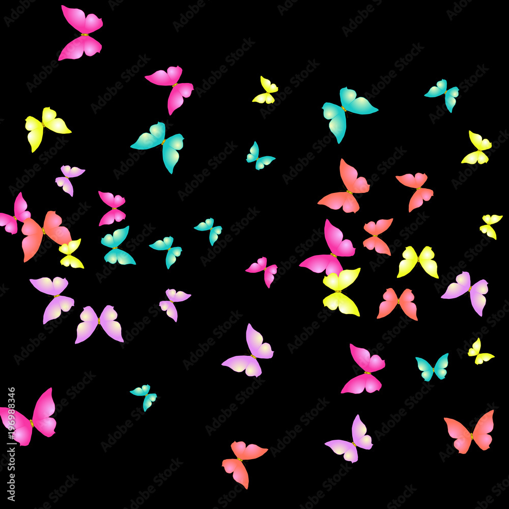 Summer Background with Colorful Butterflies. Simple Feminine Pattern for Card, Invitation, Print. Trendy Decoration with Beautiful Butterfly Silhouettes. Vector Background with Moth