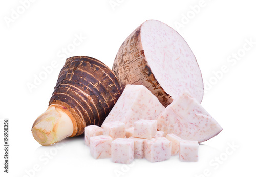 sliced taro root isolated on white background