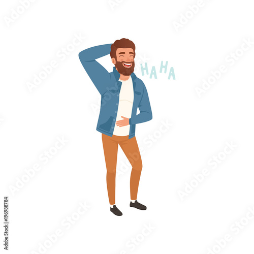 Cheerful bearded young man laughing out loud vector Illustration on a white background