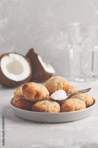 Healthy vegan homemade coconut cookies, light background, copy space. Healthy vegan food concept.
