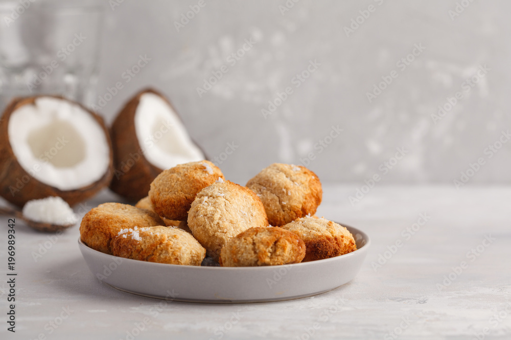 Healthy vegan homemade coconut cookies, light background, copy space. Healthy vegan food concept. Healthy vegan homemade coconut cookies, light background, copy space. Healthy vegan food concept.